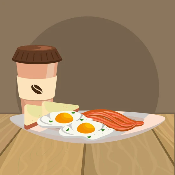 Вкусный Вкусный Завтрак Деревянным Столом Мультипликационный Векторный Графический Дизайн — стоковый вектор