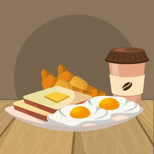 Heerlijk Smakelijk Ontbijt Houten Tafel Cartoon Vector Illustratie Grafisch Ontwerp — Stockvector