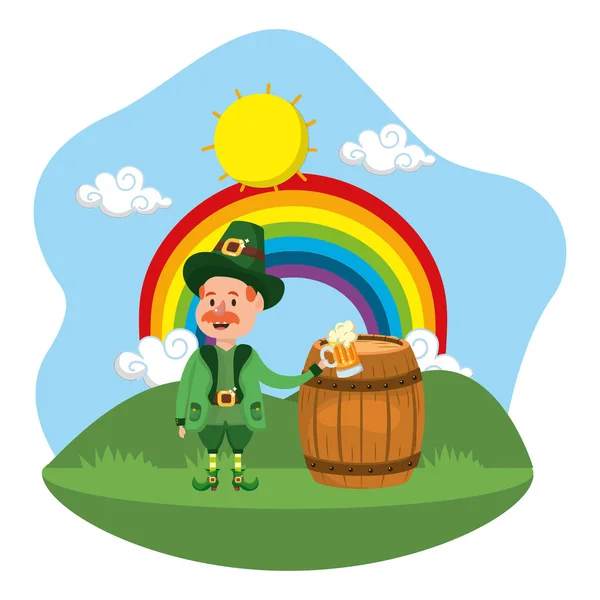 Leprechaun Beer Barrel Rainbow Vector Illustration — Stock Vector