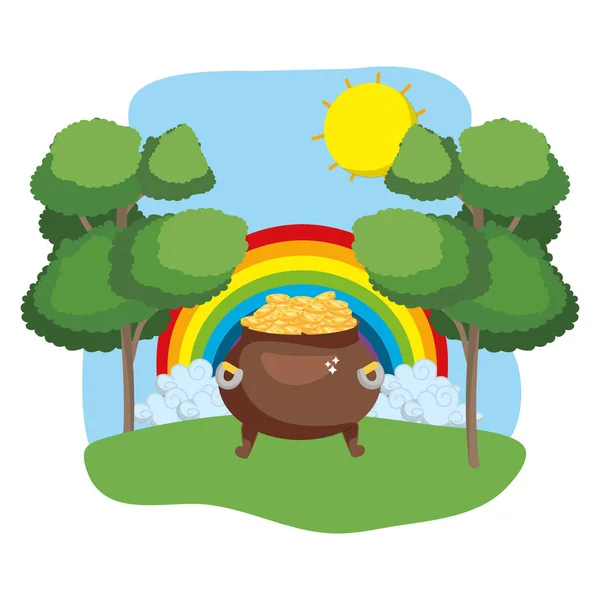 Olla Llena Monedas Oro Arco Iris Paisaje Arbolado Vector Ilustración — Vector de stock