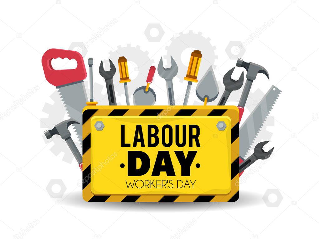 emblem with construction tools to celebrate labour day vector illustration