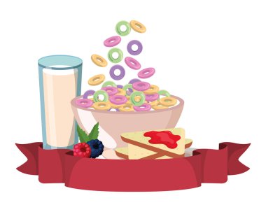 Şerit afiş karikatür vektör çizim grafik tasarım ile lezzetli lezzetli kahvaltı