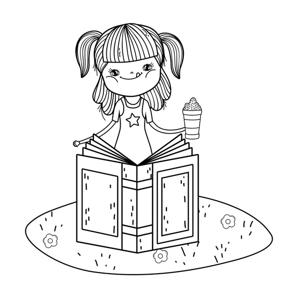 Happy Little Girl Reading Book Field Vector Illustration Design — Stock Vector