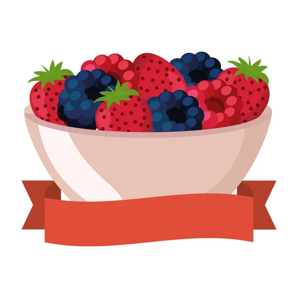 delicious tasty food fruits inside bowl with ribbon banner cartoon vector illustration graphic design