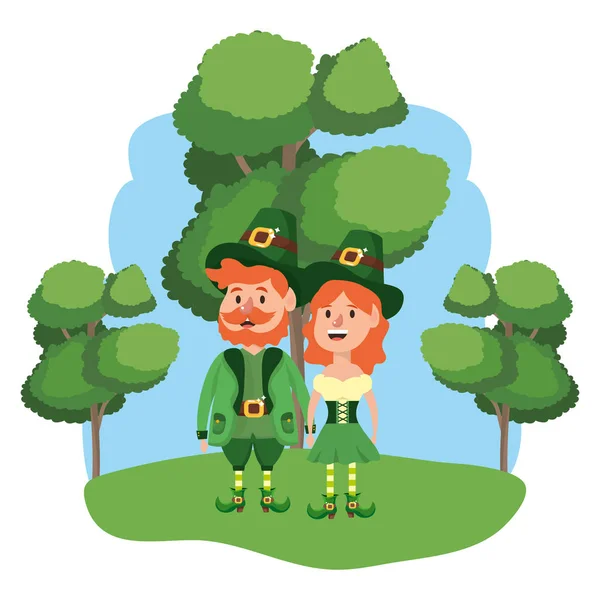 Leprechaun Par Med Träd Skogsbevuxna Landskapet Vektor Illustration Grafisk Design — Stock vektor