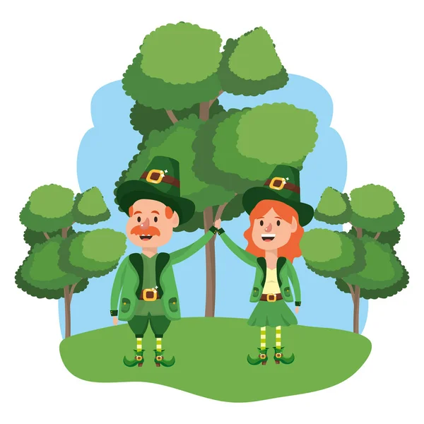 Leprechaun Par Med Träd Skogsbevuxna Landskapet Vektor Illustration Grafisk Design — Stock vektor