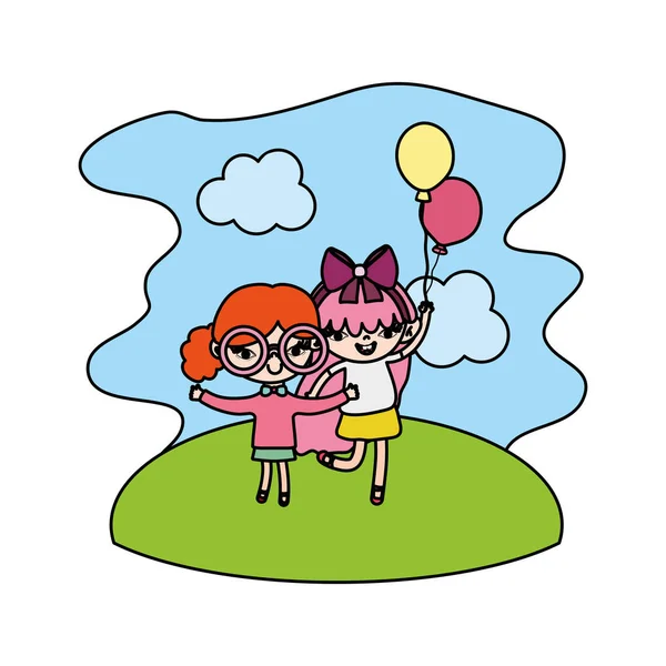 Niñas Color Niños Con Globos Agradables Ilustración Del Vector Paisaje — Vector de stock