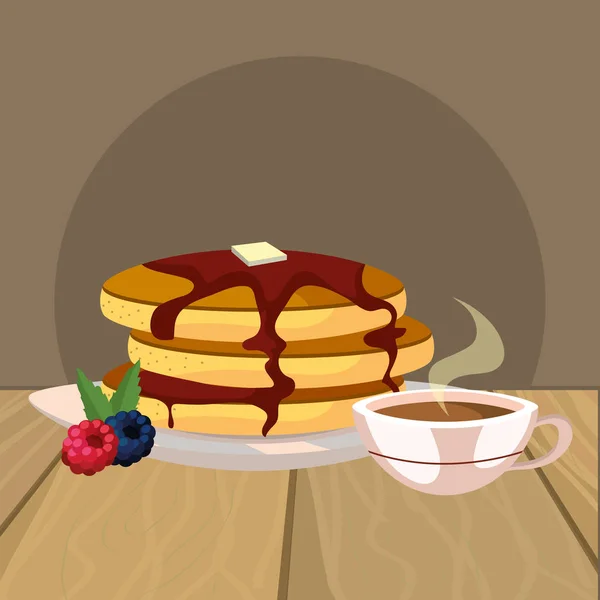 Вкусный Вкусный Завтрак Деревянным Столом Мультипликационный Векторный Графический Дизайн — стоковый вектор
