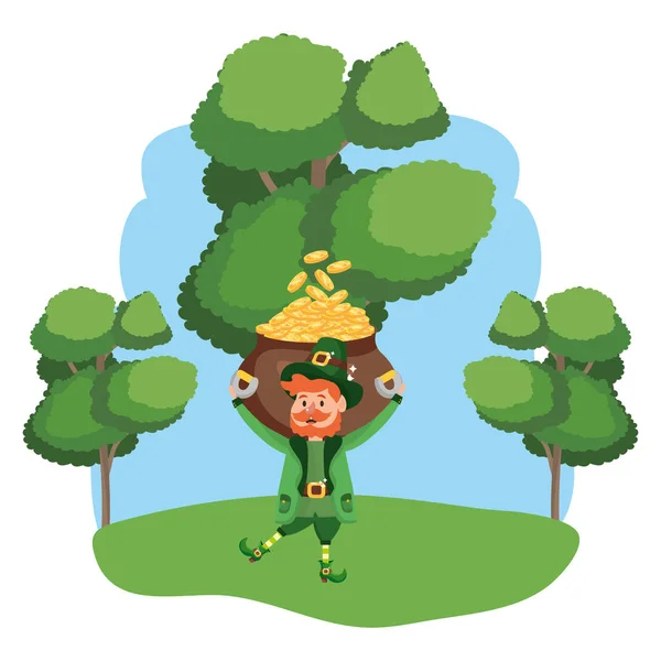 Duende Con Olla Barba Oro Paisaje Arbolado Vector Ilustración Diseño — Vector de stock