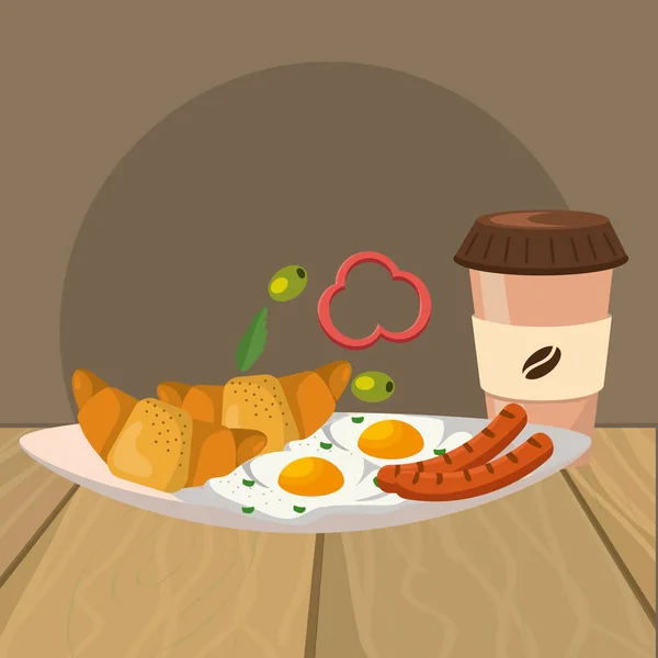 Heerlijk Smakelijk Ontbijt Houten Tafel Cartoon Vector Illustratie Grafisch Ontwerp — Stockvector