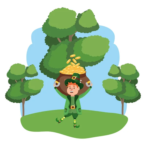 Duende Con Olla Oro Joven Paisaje Arbolado Vector Ilustración Diseño — Vector de stock