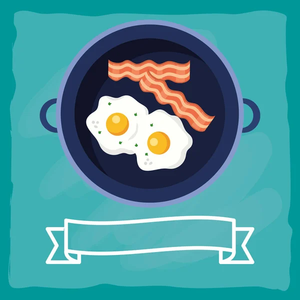 Köstliches Leckeres Frühstück Über Pfanne Kochen Band Banner Cartoon Vektor — Stockvektor