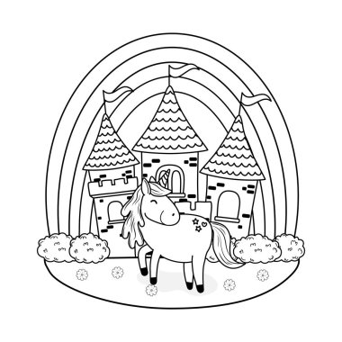 Unicorn Kalesi ve gökkuşağı alan vektör çizim tasarım ile