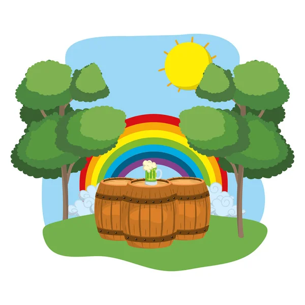 Barriles Con Cerveza Arco Iris Paisaje Arbolado Vector Ilustración Diseño — Vector de stock