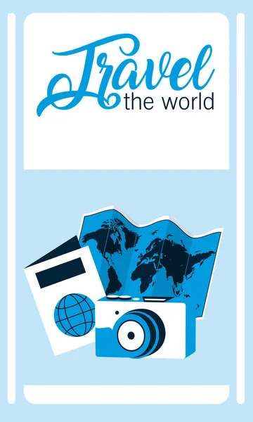 Подорожуйте Світом Картою Камери Паспортом Векторні Ілюстрації Графічний Дизайн — стоковий вектор