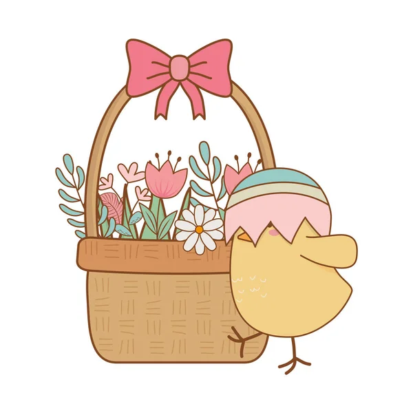 Little Chick Egg Broken Basket Floral Easter Character Vector Illustration — Stock Vector