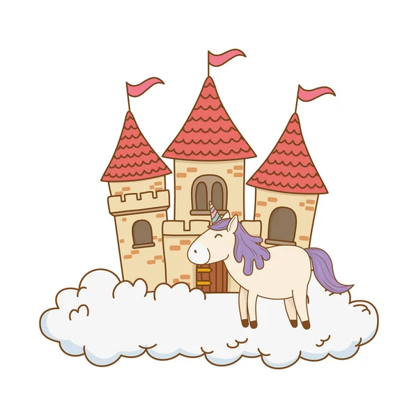 Niedliche Märchenhafte Einhorn Mit Schloss Den Wolken Vektor Illustration Design — Stockvektor