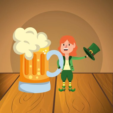 St patricks günü elf ahşap masa karikatür vektör çizim grafik tasarım üzerine