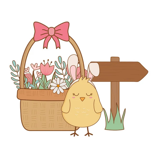 Petit Poussin Avec Des Oreilles Lapin Dans Panier Floral Pâques — Image vectorielle