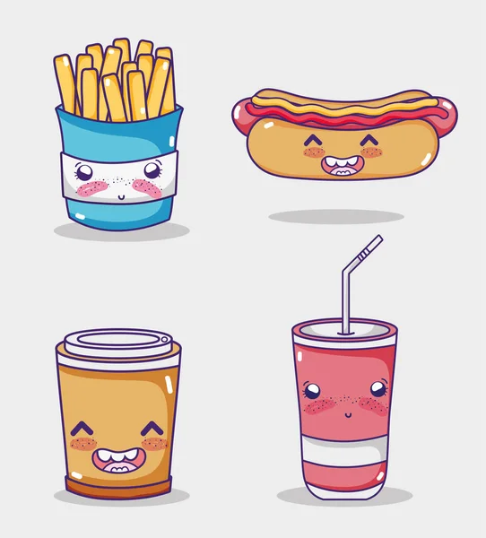 Fast Food Coleção Kawaii Desenhos Animados Vetor Ilustração Design Gráfico — Vetor de Stock