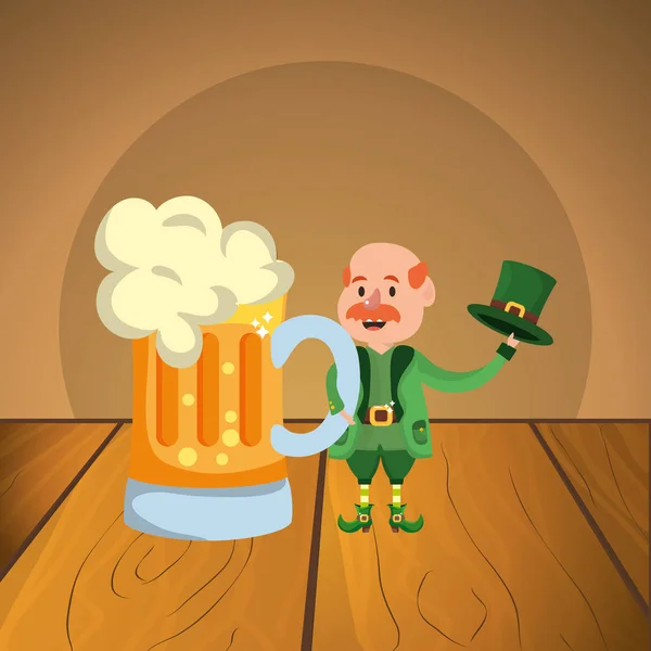 Patricks Dia Leprechaun Sobre Mesa Madeira Desenho Animado Vetor Ilustração —  Vetores de Stock