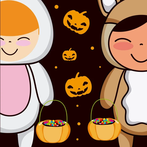 Halloween Mignon Enfants Avec Des Animaux Costume Bonbons Panier Vectoriel — Image vectorielle