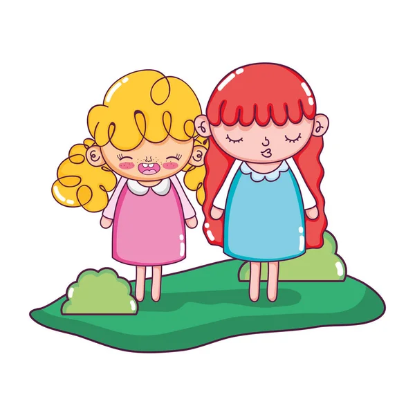 Niñas Bonitas Niños Con Arbustos Vector Paisaje Ilustración — Vector de stock