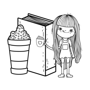 mutlu küçük kız milkshake vektör çizim tasarım ile kitap okuma