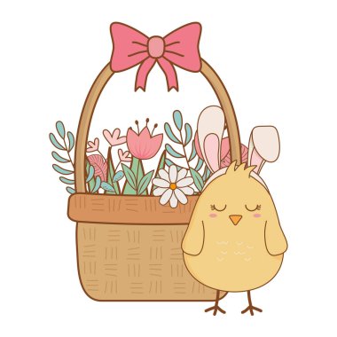 çiçek sepeti Paskalya karakter vektör çizim tasarım tavşan kulakları küçük civciv