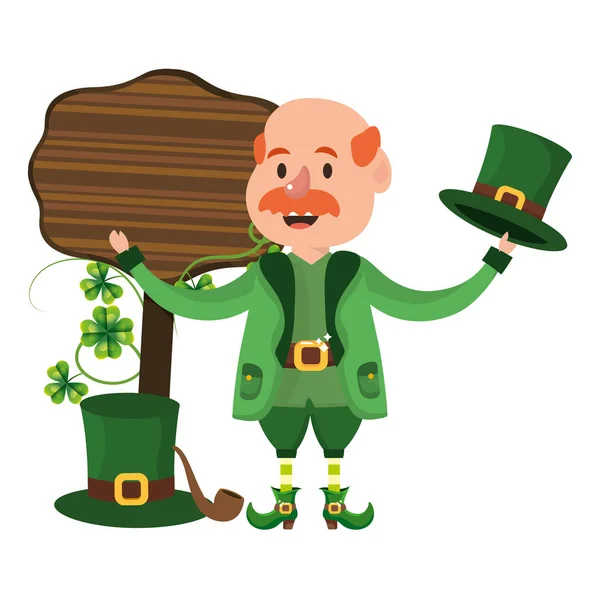 Patricks Dag Kabouter Met Houten Teken Cartoon Vector Illustratie Grafisch — Stockvector