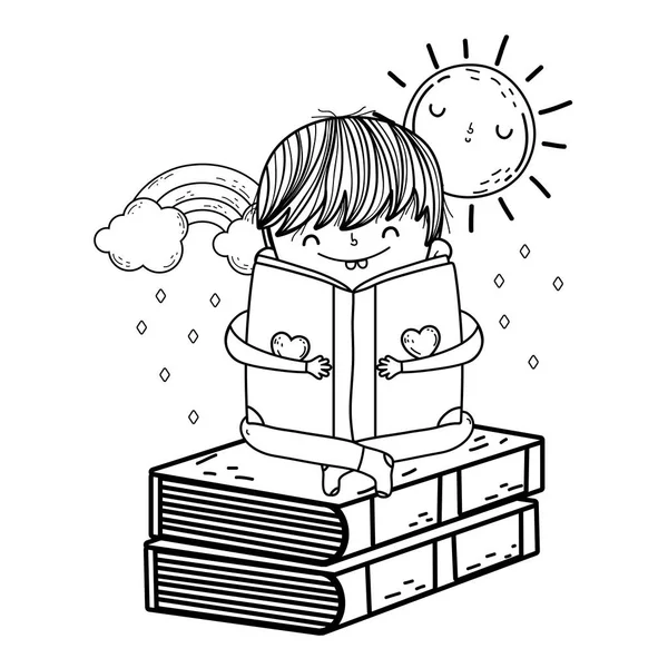 Happy Little Boy Reading Book Rainbow Vector Illustration Design — Stock Vector