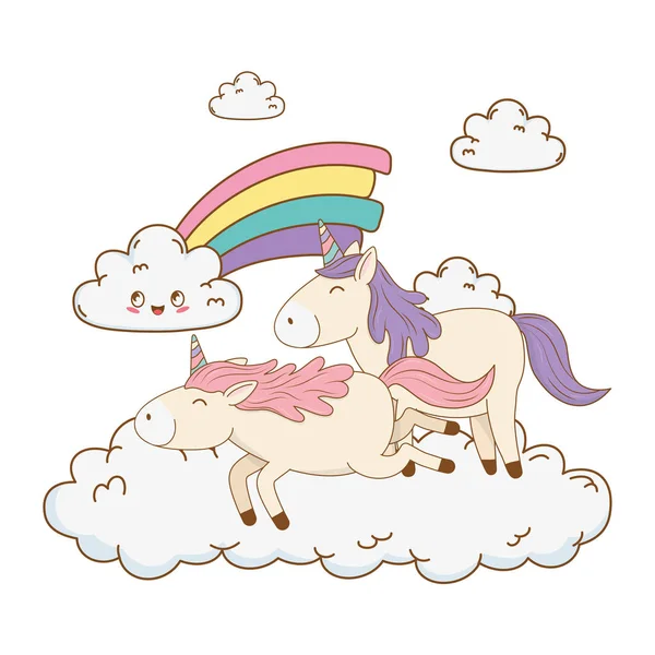 Cute Fairytale Unicorns Clouds Rainbow Vector Illustration Design — Stock Vector