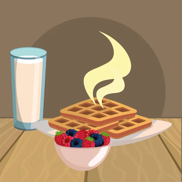 Läckra Välsmakande Frukost Över Träbord Tecknade Vektor Illustration Grafisk Design — Stock vektor