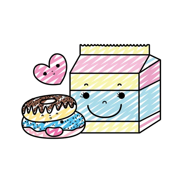 Doodle Kawaii Donuts Mit Milchbox Und Herzvektorillustration — Stockvektor