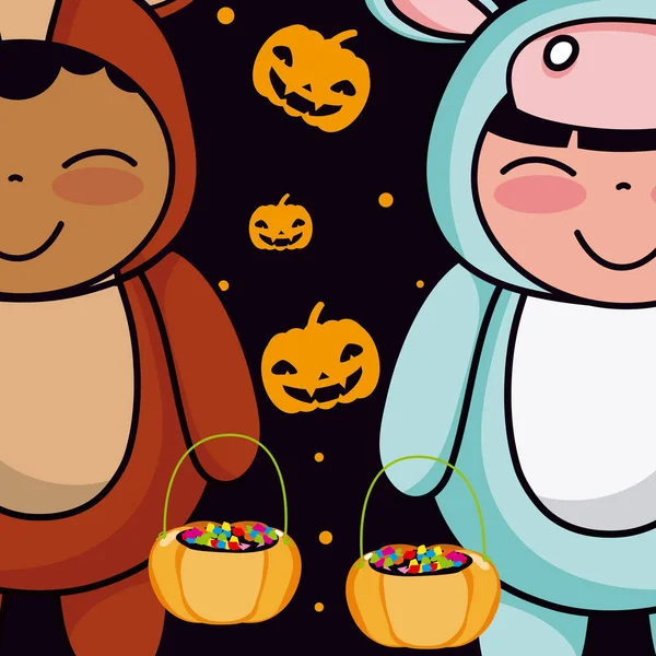 Halloween Cute Bambini Con Animali Costume Caramelle Cesto Vettore Illustrazione — Vettoriale Stock