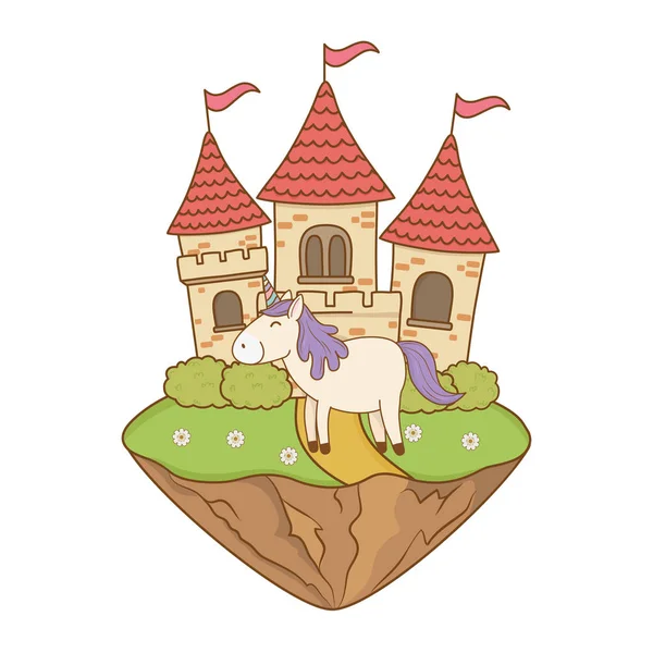 Carino Unicorno Fiabesco Con Castello Nel Paesaggio Vettoriale Illustrazione Design — Vettoriale Stock