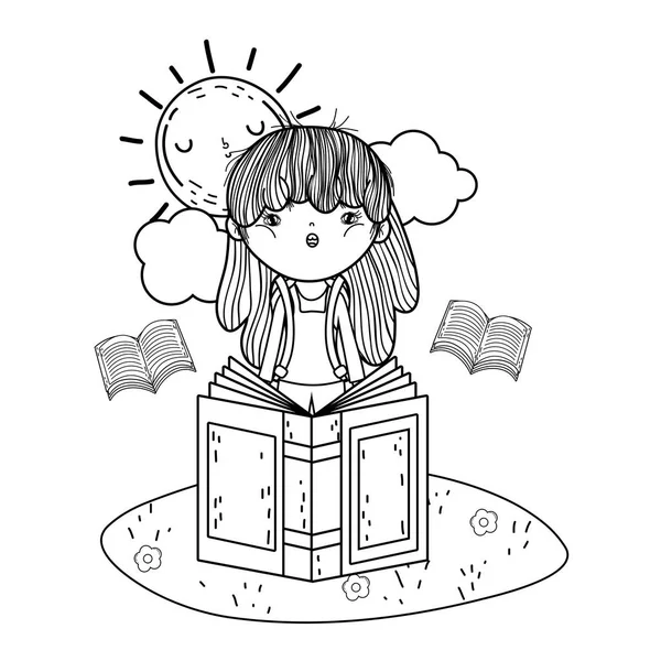 Девушка Чтение Книги Солнцем Kawaii Поле Векторной Иллюстрации Дизайн — стоковый вектор