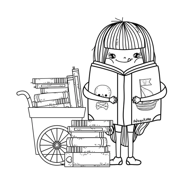 Щаслива Маленька Дівчинка Читає Книги Кошиком Векторний Дизайн Ілюстрації — стоковий вектор