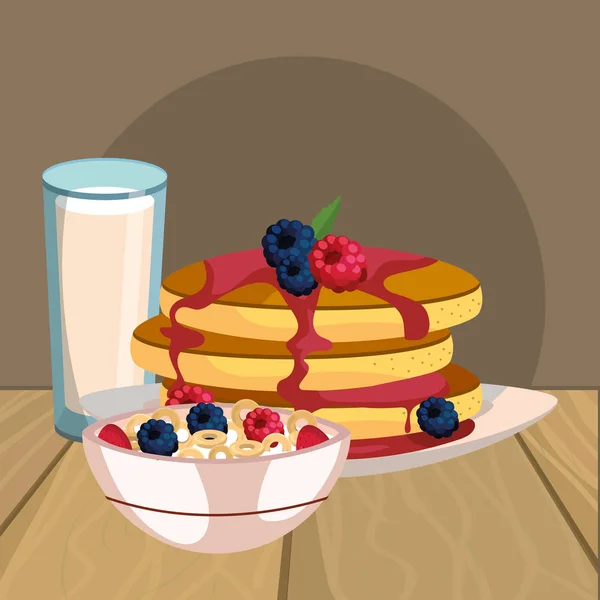 Délicieux Petit Déjeuner Savoureux Sur Table Bois Dessin Animé Vectoriel — Image vectorielle