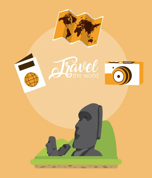 旅行世界与拉帕努伊和符号矢量插图平面设计 — 图库矢量图片