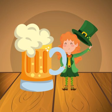 St patricks günü elf ahşap masa karikatür vektör çizim grafik tasarım üzerine