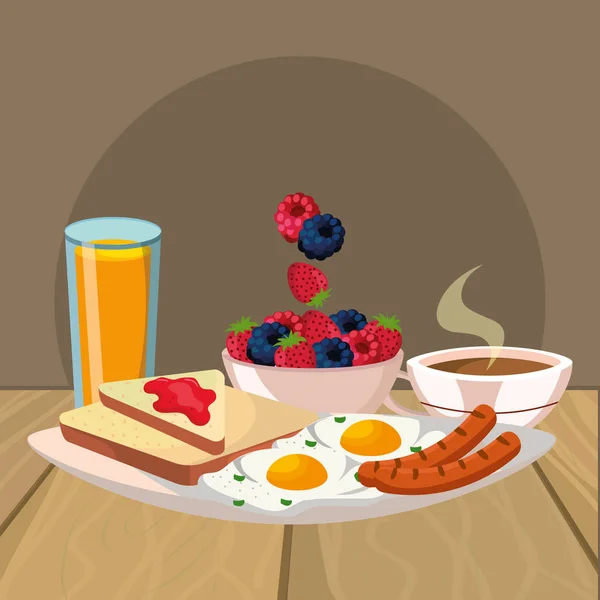 Délicieux Petit Déjeuner Savoureux Sur Table Bois Dessin Animé Vectoriel — Image vectorielle