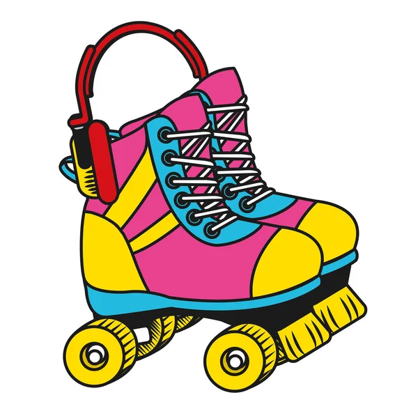 Patines Ruedas Con Auriculares Pop Art Dibujos Animados Vector Ilustración — Archivo Imágenes Vectoriales