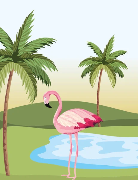 tropical flamingo at nature lake with palms cartoon vector illustration graphic design