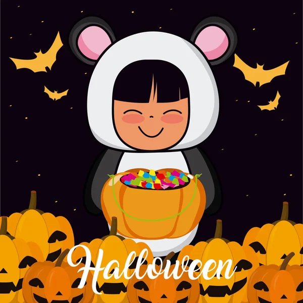 Niña Con Traje Oso Panda Celebración Caramelos Vector Calabaza Ilustración — Archivo Imágenes Vectoriales