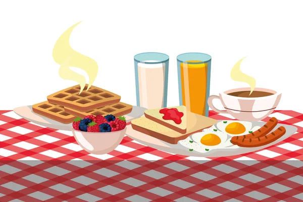 Delicioso Saboroso Café Manhã Sobre Piquenique Toalha Mesa Desenho Animado — Vetor de Stock