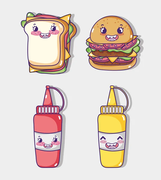 Fast Food Coleção Kawaii Desenhos Animados Vetor Ilustração Design Gráfico — Vetor de Stock