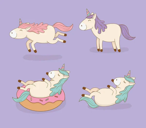 可爱的童话般的独角兽和甜甜圈字符矢量插图设计 — 图库矢量图片
