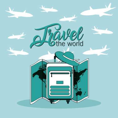 Bagaj ve harita vektör çizim grafik tasarım ile dünya seyahat