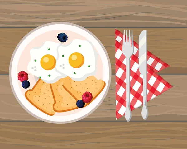 Νόστιμο Γευστικό Πρωινό Φόντο Ξύλινη Κινούμενα Σχέδια Διανυσματικά Εικονογράφηση Γραφιστικής — Διανυσματικό Αρχείο